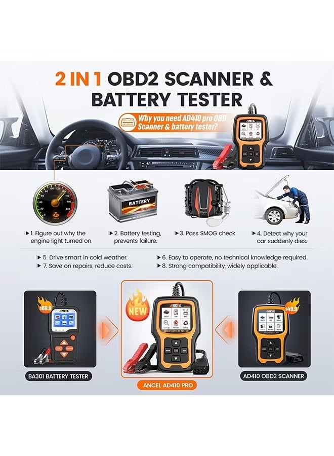 ANCEL AD410 Pro 2 in 1 OBD2 Scanner Battery Tester, OBD2 Scanner Diagnostic Tool for Car Check Engine Code Reader Scan Tool & 6V 12V 100-2000 CCA Battery Charging Cranking Test EVAP Live Data - Image 3